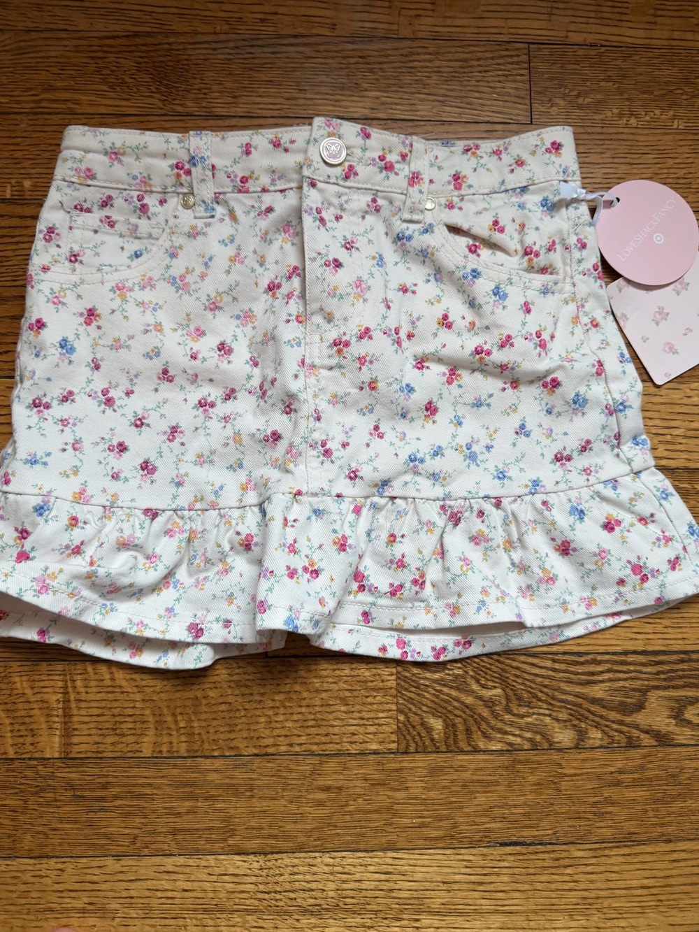 LoveShackFancy Cream Floral Ruffle Skort with Pink & Blue Flowers
